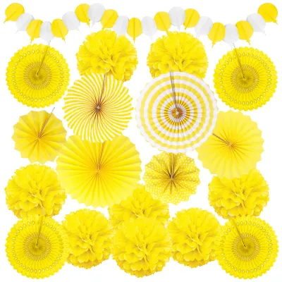 Produktbild von Party Dekoration Set - Mit Pompoms, Fächern und Girlanden - Für Feiern und Veranstaltungen - Gelb
