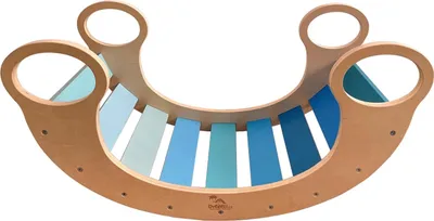A wooden Montessori rocker with blue slats, shown against a white background.