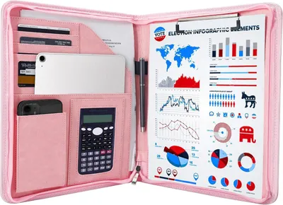 Productafbeelding van A4 Klembordmap van Leer met Rits Gesloten Portfolio voor Conferenties Documenten Presentatie met Tablet Zaken Waterdichte Organizer Hoezen Roze