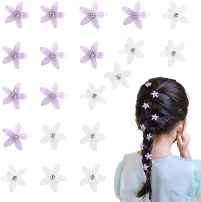 Produktbild von 20 kleine Blumenhaarspangen weiß und lila, Mini-Haarspangen mit Glitzersteinen für Mädchen und Frauen, Braut-Haaraccessoires, dekorative Blumen-Haaraccessoires