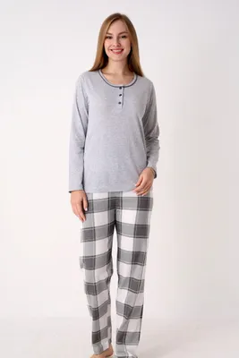 Produktbild von Damen Schlafanzug Pyjama-Set Lang 100% Baumwolle Karierte Hose Grau 2tlg L-3XL