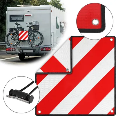 Obrázok produktu pre Jayseuw Výstražná značka 2v1 Taliansko a Španielsko 50x50 cm hliníková obojstranná značka s očkami - Reflexná výstražná značka pre nosiče bicyklov a zadné nosiče - Schválenie pre vyčnievajúce bremená