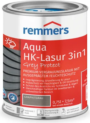 Produktbild von Remmers Aqua HK-Lasur 3in1 Grey Protect graphitgrau (FT-25416) 0,75 l, Holzlasur