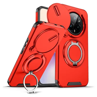 Immagine prodotto di Custodia a doppio strato per Realme 14 Pro, copertura scorrevole per la fotocamera e supporto magnetico ad anello Rosso