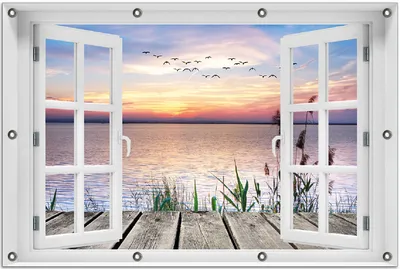 Produktbild von Wallario Outdoor-Poster für Garten oder Balkon 80 x 120 cm: Seepanorama mit Schilf und fliegenden Vögeln