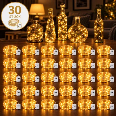 Produktbild von 30 Stück LED Mini-Lichterkette, 2 Meter lang mit 20 LEDs, warmweiß, batteriebetrieben, Kupferdraht, ideal für Party oder Weihnachten, E0706