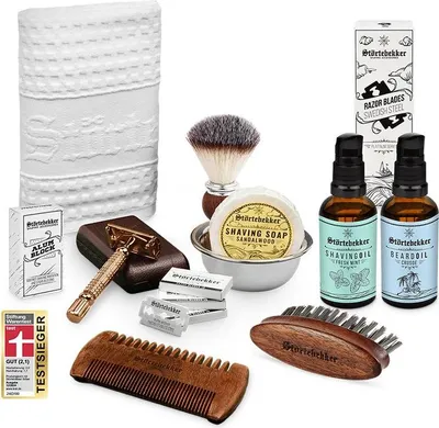 Produktbild von All-in-one Set Rasur & Bart - Rasierhobel Gold – Lederetui Café - Rasierset / Bartpflege Set Herren - Geschenkidee Herren - Bartpflegeset