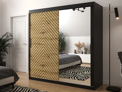 Obrázek produktu pro Vysoká šatní skříň 200 cm se zrcadlem ORIOT - černá / dub artisan