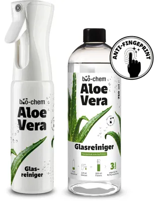 Produktbild von bio-chem Aloe Vera Glasreiniger Konzentrat | Premium Fensterreiniger für streifenfreien Glanz | für Glas Spiegel Fenster Hochglanzflächen | Duftsprühflasche Flowra + 750 ml Refill