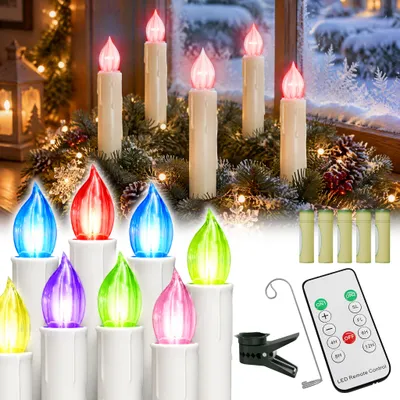 Obrázek produktu pro YARDIN, 10 kusů LED svíček měnících barvu, elektrické svíčky, připravené k použití, s dálkovým ovládáním, s háčky a sponami, automatická změna barev, časovač