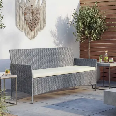 Produktbild von 3-Sitzer Poly-Rattan Gartenbank Halden, Sitzbank grau, Kissen creme