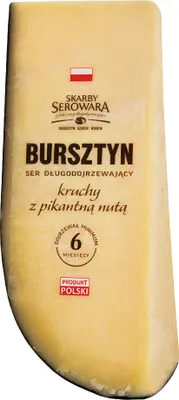 A wedge of cheese with a label.