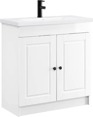 Produktbild von Badezimmermöbel-Set Hochglanz Weiß 56 x 37,5 x 81 cm - Waschtisch mit Unterschrank und Armatur - Modernes Badmöbel-Set mit Waschbecken und Wasserhahn fürs Bad