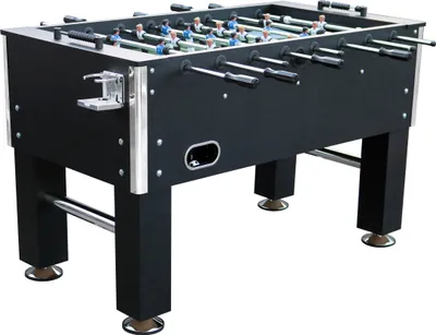 A black foosball table with chrome accents and players on rods, shown from a three-quarter angle.
