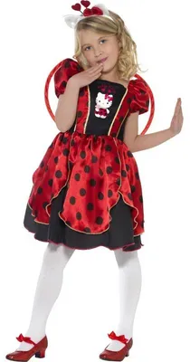 Produktbild von Original Lizenz Hello Kitty Kostüm Kittykostüm Märchenkostüm Märchen Marienkäfer Käfer mit Flügeln Prinzessin Gr. 110-122 (S), 128-134 (M), Größe:M