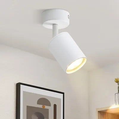 A white ceiling spotlight is mounted on a white ceiling, angled downwards. A framed abstract artwork is visible on the wall below.