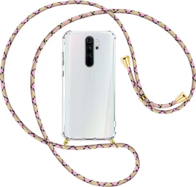 Produktbild von Handykette Backcover-Schutzhülle mit Band (Metall goldfarben) für Xiaomi Redmi Note 8 Pro - rosa Karo