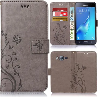 Produktbild von Handy Tasche für Samsung Galaxy J5 2016 Schutz Hülle Handyhülle mit Blumenmuster Klapp Hülle mit Standfunktion und Kartenfächer Grau