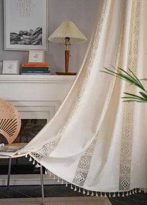 Produktbild von Gardinenset aus 2 - Beige Vintage Gardinen - Boho Stil - Baumwoll-Leinen - Lichtdurchlässig
