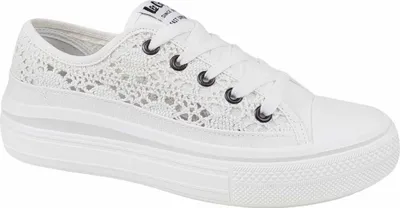 A white lace sneaker with a platform sole.
