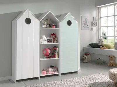 Image de CASAMI Set 3 pcs. composé de : Armoire à 1 porte avec façade en blanc, armoire à étagères, armoire à 1 porte avec façade en menthe