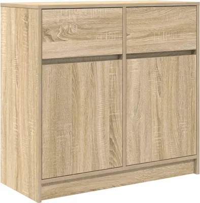 A light brown wooden sideboard with two drawers and two cabinet doors, shown from the front at a slight angle.
