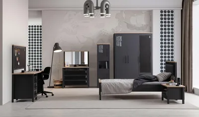 Image de Meubles de chambre à coucher gris Lit design Armoire Étagère en bois