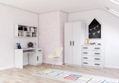 Obrázok produktu pre Kinderzimmer-Set Schrank Wandregal Kommode Schreibtisch graue Griffe Jonas I 02 (Weiß/Weiß)