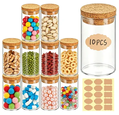Obrázek produktu pro 10 skleněných nádob o objemu 130 ml s korkovými víčky – ideální pro koření a sladkosti