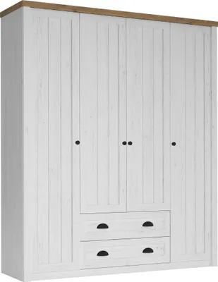 Produktbild von Furniture24 Kleiderschrank 171 cm Prowansja S4D Schlafzimmer 4 türiger Drehtürenschrank Schrank mit 2 Schubladen 8 Einlegeboden 1 Kleiderstange Kiefer Weiß/Lefkas Eiche