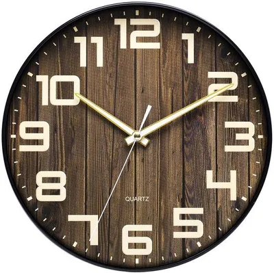 Produktbild von Runder Wanduhr, Kunststoff, Imitationsholz, Stil, Großes Ziffern, Wohnzimmer, Schlafzimmer, Küche (30 cm)