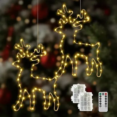 Productafbeelding van Verlichte Rendier Kerstdecoratie met Timer, 2 Stuks, 120 Warmwitte LED Lichten, 8 Verlichtingsmodi, Batterij Aangedreven voor Binnengebruik, Raamdecoratie, Feestjes en Bruiloften