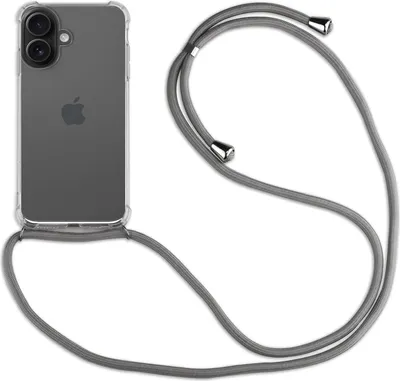A transparent phone case with a gray lanyard attached to an iPhone.