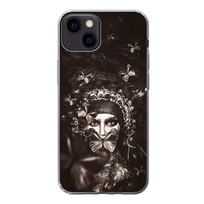 Produktbild von MuchoWow® Handyhülle Schutzhülle Hülle für iPhone 13 Frau - Schmetterling - Schwarz - Weiß Silikon Softcase Handy Hülle - Karteninhaber