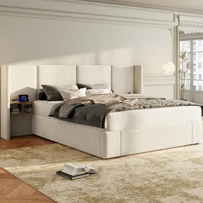 Obrázok produktu pre Postel s čalúneným rámom, 160 x 200 cm, s hydraulickým úložným priestorom, USB portom, zásuvkami, roštom, poťahom zo zamatovej látky, farba béžová