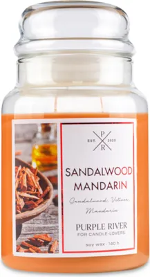 Produktbild von Duftkerze Purple River Sandalwood Mandarin, handgegossen, Sojawachs, 623g, Brenndauer 140h, Glas, 2 Baumwolldochte