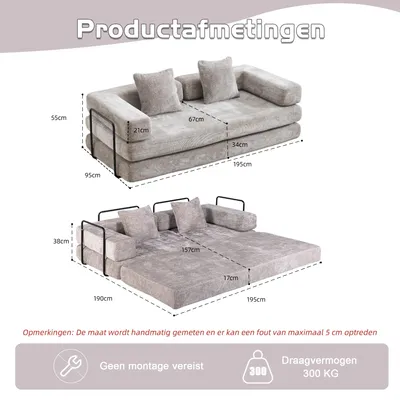 Immagine prodotto di Divano letto - Divano trasformabile 2 in 1 - Stile moderno - Struttura in metallo - Rivestimento in tessuto - Ideale per il soggiorno - Colore grigio chiaro