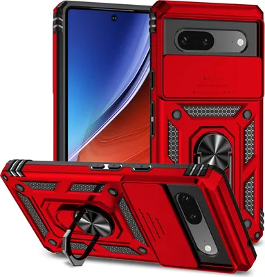 Multiple views of a red phone case with a sliding camera cover and a ring stand.
