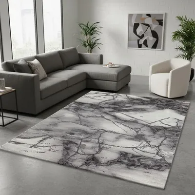 Produktbild von TapisTrend Designerteppich Grau 200x290 cm Moderner grauer Teppich mit abstraktem Marmoreffekt für Wohnzimmer, Schlafzimmer und Esszimmer