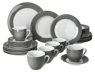Produktbild von 30tlg Kombiservice Variant Grau Porzellan 6 Personen Tassen Untertassen Teller