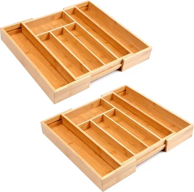 Produktbild von 2er Set Bambus Besteckeinsatz Schublade Besteckkasten Schubladeneinsatz Ausziehbar 25,5 – 39,5 x 35,5 x 5 cm Besteck Organizer Utensilienhalter