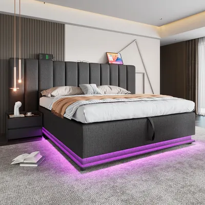 Produktbild von okwish 160×200 Polsterbett mit USB und App-gesteuertes LED, Doppelbett mit Bettkasten, Jugendbett mit Lattenrost,Grau,ohne Matratze und Nachttisch