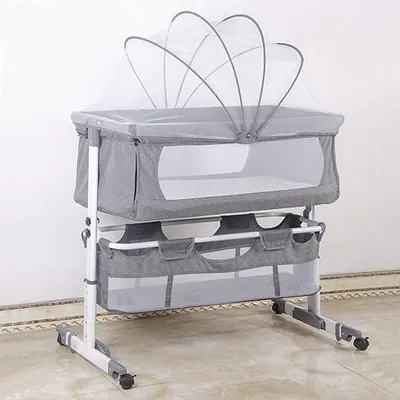 Produktbild von Beistellbett 3 in1 Babybetten Tragbar Babybett mit atmungsaktivem, Verstellbarer Stubenwagen Beistellbett mit Aufbewahrungskorb, 92 x 58 x 70–90 cm - Cremeweiß
