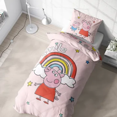 A child's bed with Peppa Pig themed bedding, including a duvet cover and pillow, in a bedroom setting.