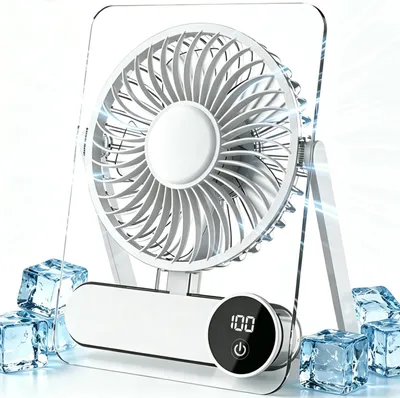 Obrázek produktu pro Stolní ventilátor, USB ventilátor s možností dobíjení, malý a přenosný stolní ventilátor, s plynulou regulací rychlosti, LED digitální displej, průhledný