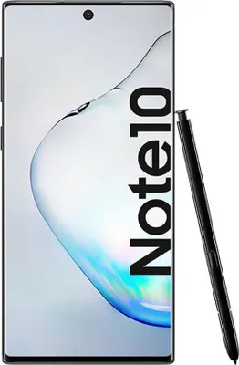 A Samsung Galaxy Note10 smartphone with its stylus is shown against a white background. The phone displays the text "Note10" vertically on its screen.
