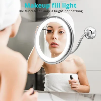Image de Miroir de maquillage avec éclairage LED et ventouse, pivotant à 360 degrés, col de cygne flexible, grossissement 10X, miroir de voyage et miroir de salle de bain pour la maison