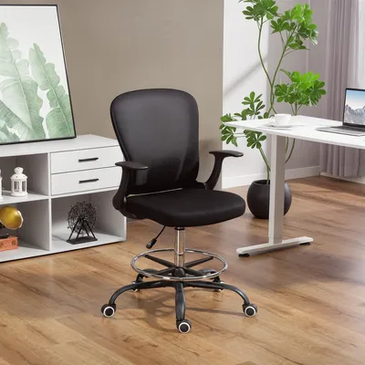 Produktbild von Bürostuhl mit Fußring höhenverstellbar, Schreibtischstuhl Netzrücken Drehstuhl Polyester, Schwarz | 62x59x119 cm | 99–119 cm Sitzhöhe | 5 Rollen