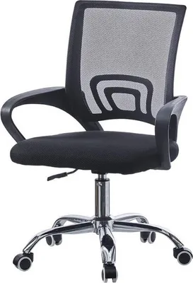A black office chair with a mesh back and a chrome base with wheels, isolated on a white background.