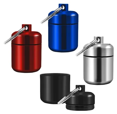 Image de Porte-pilules en aluminium étanche, portable, avec porte-clés, lot de 4 (argent, noir, bleu, rouge)